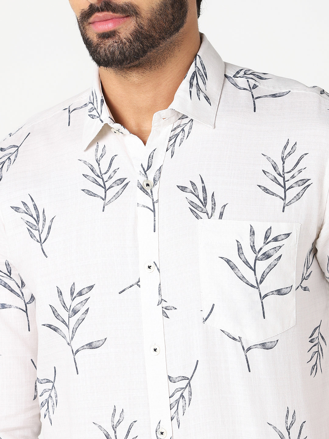 White Leaf Print Casual Shirt