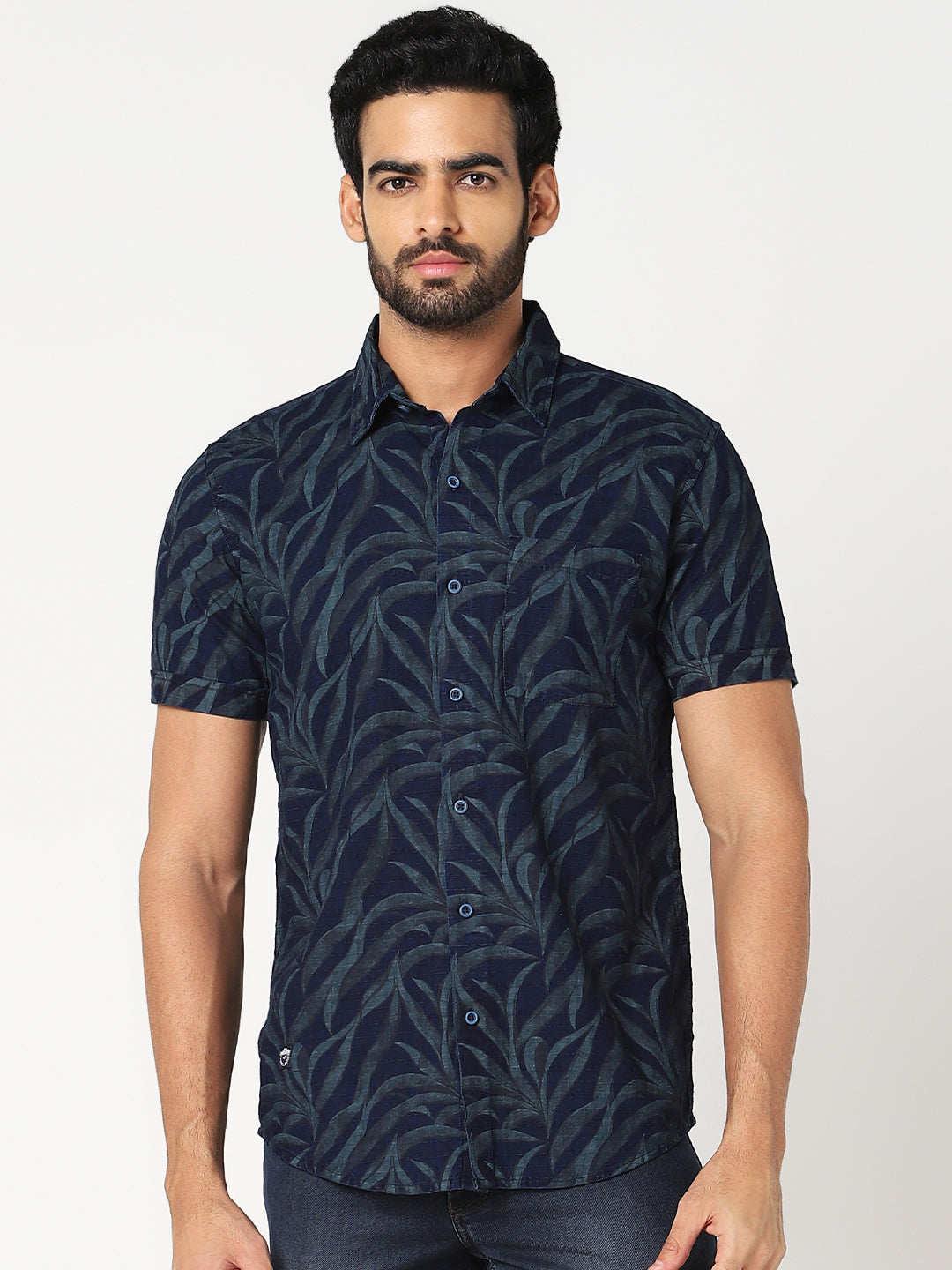 Men Navy Blue Leaf Print Casual Shirt