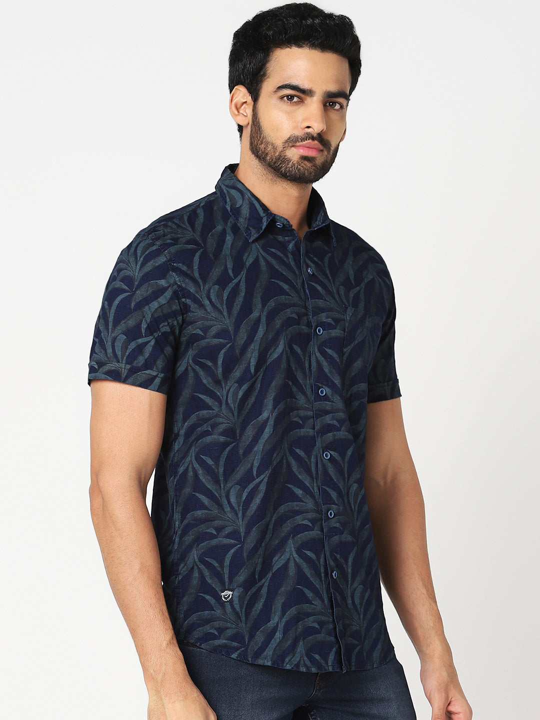 Men Navy Blue Leaf Print Casual Shirt