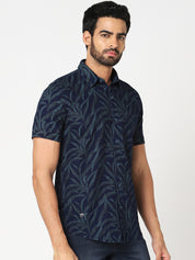 Men Navy Blue Leaf Print Casual Shirt