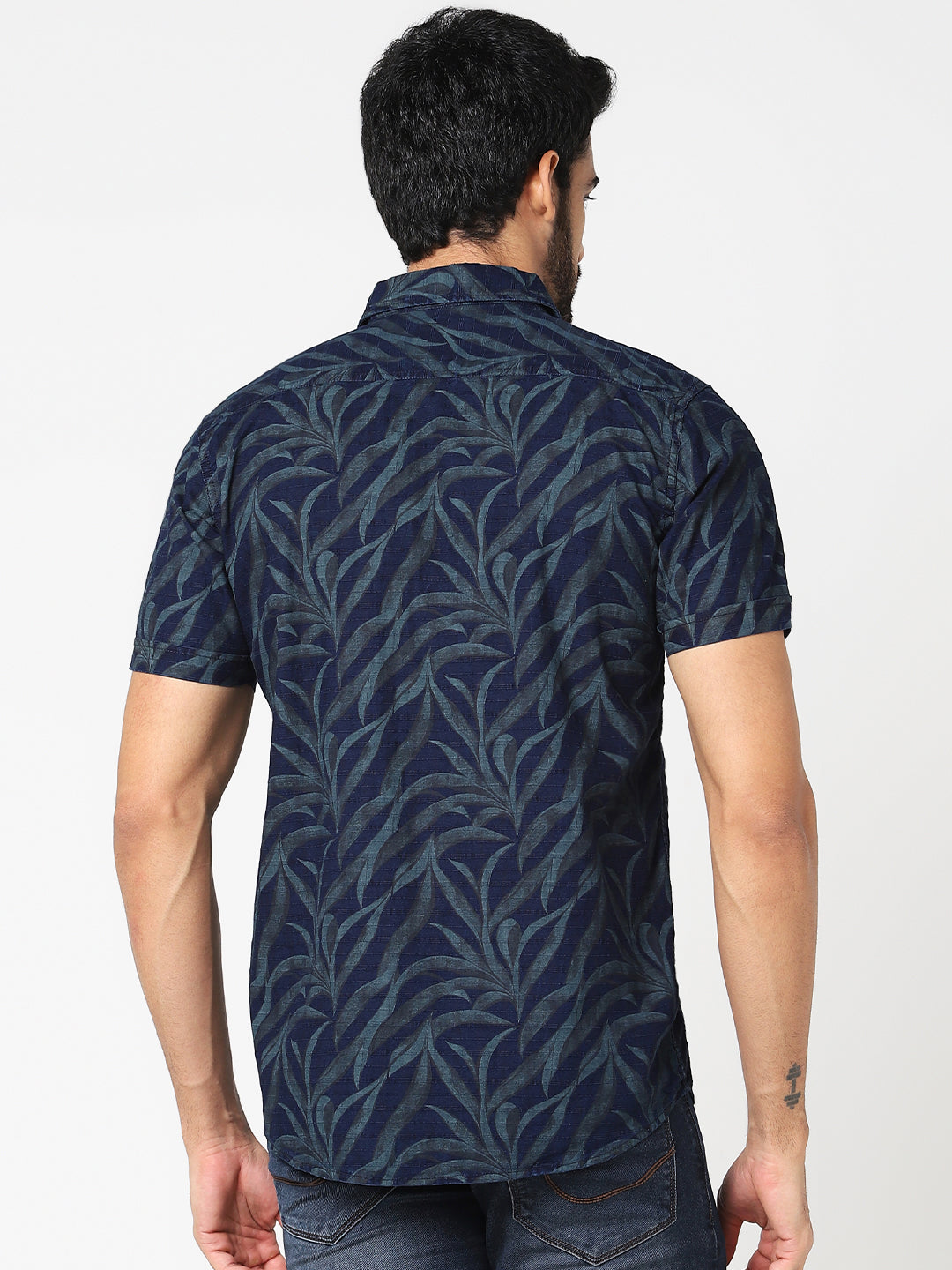 Men Navy Blue Leaf Print Casual Shirt