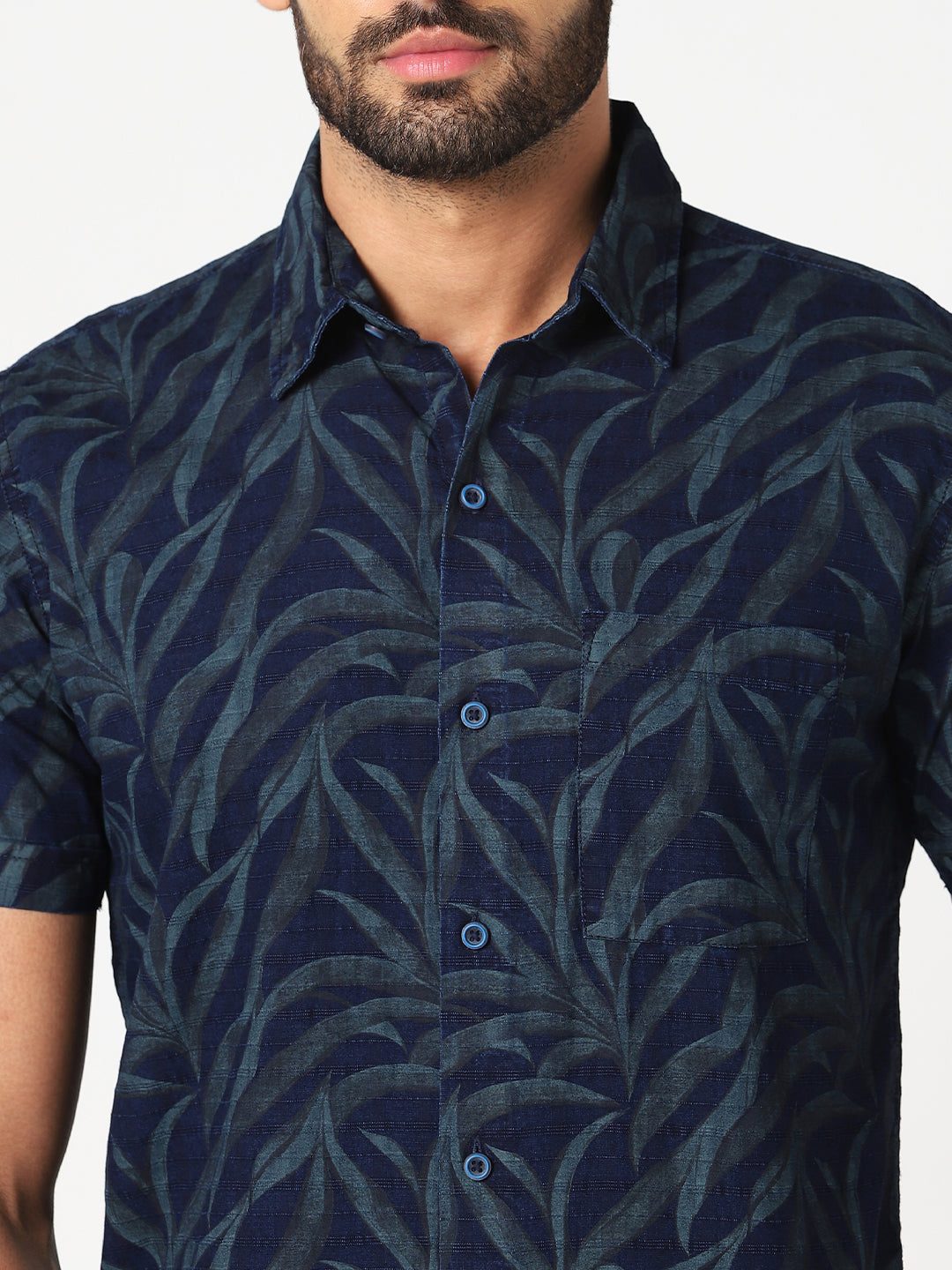 Men Navy Blue Leaf Print Casual Shirt