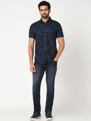 Men Navy Blue Leaf Print Casual Shirt