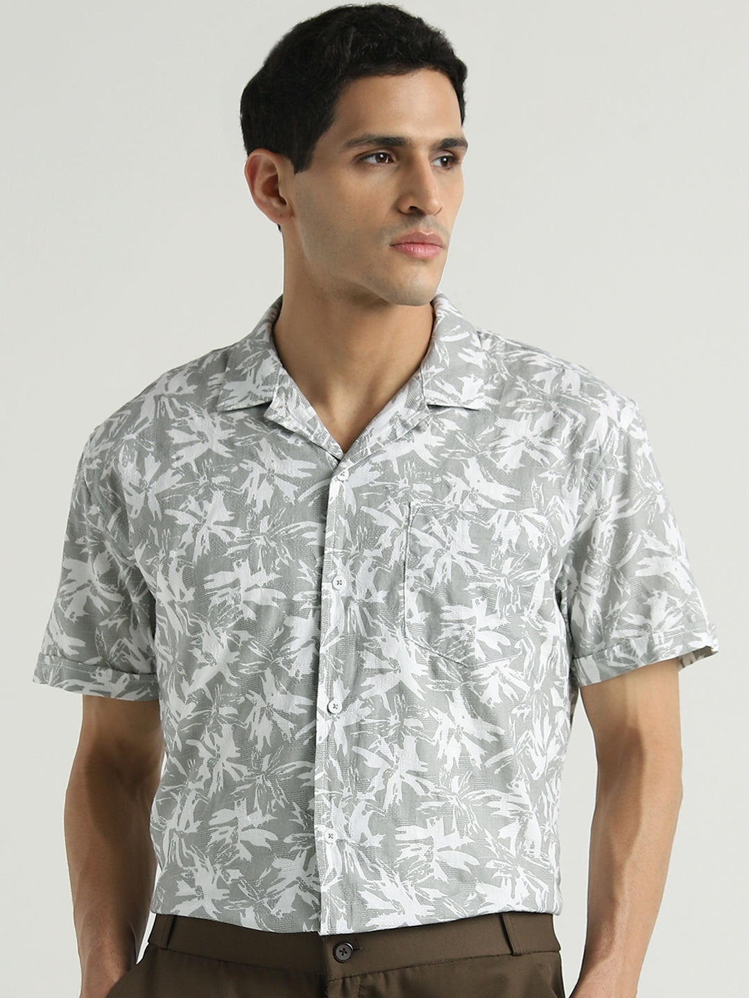 Light Grey & White Abstract Printed Short Sleeve Shirt