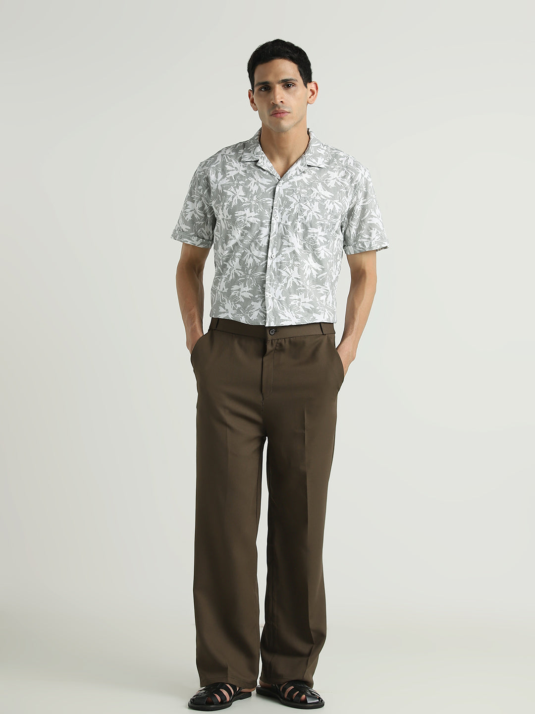 Light Grey & White Abstract Printed Short Sleeve Shirt