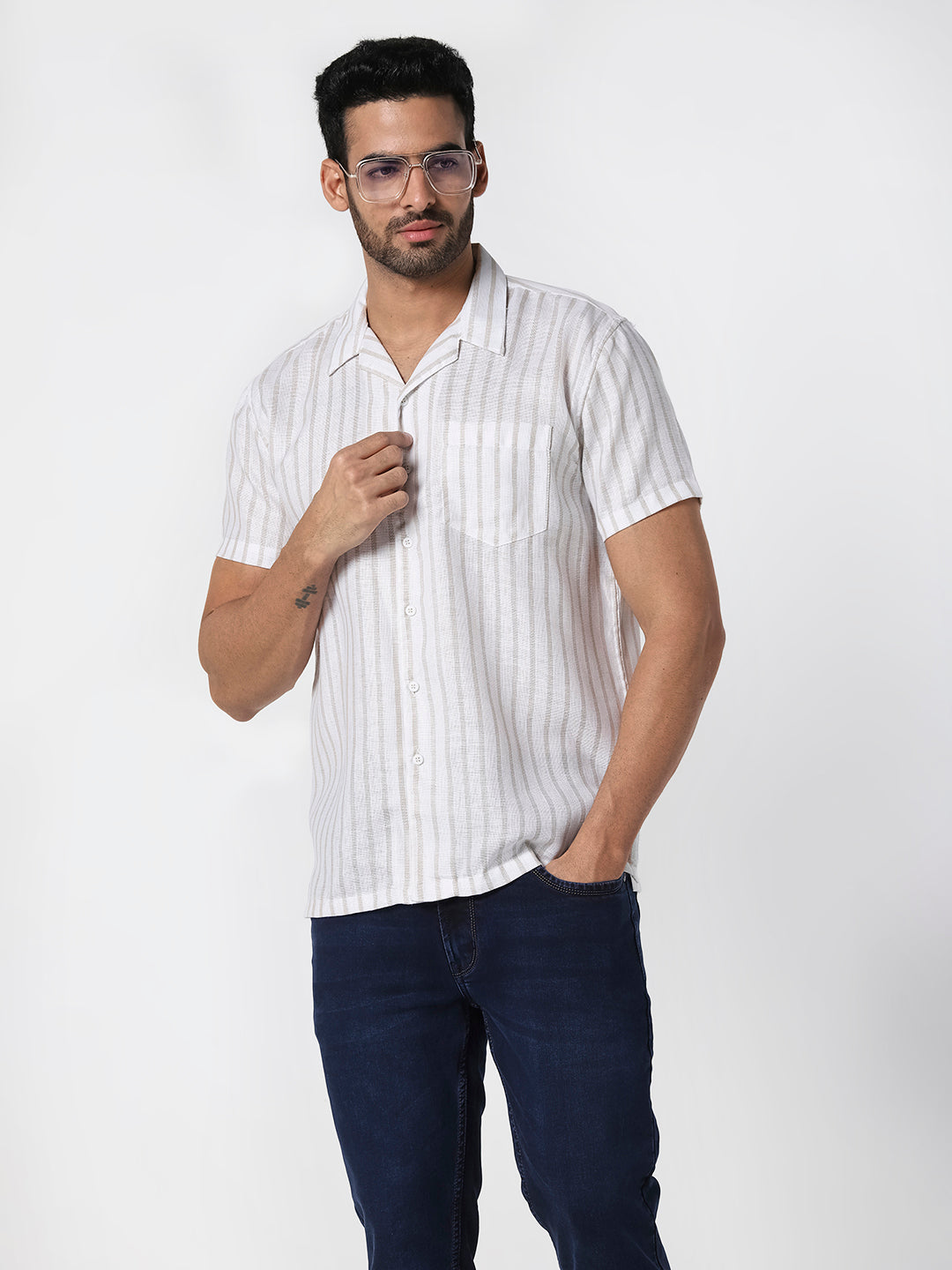 White & Beige Striped Casual Shirt