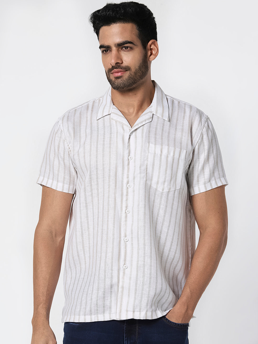 White & Beige Striped Casual Shirt