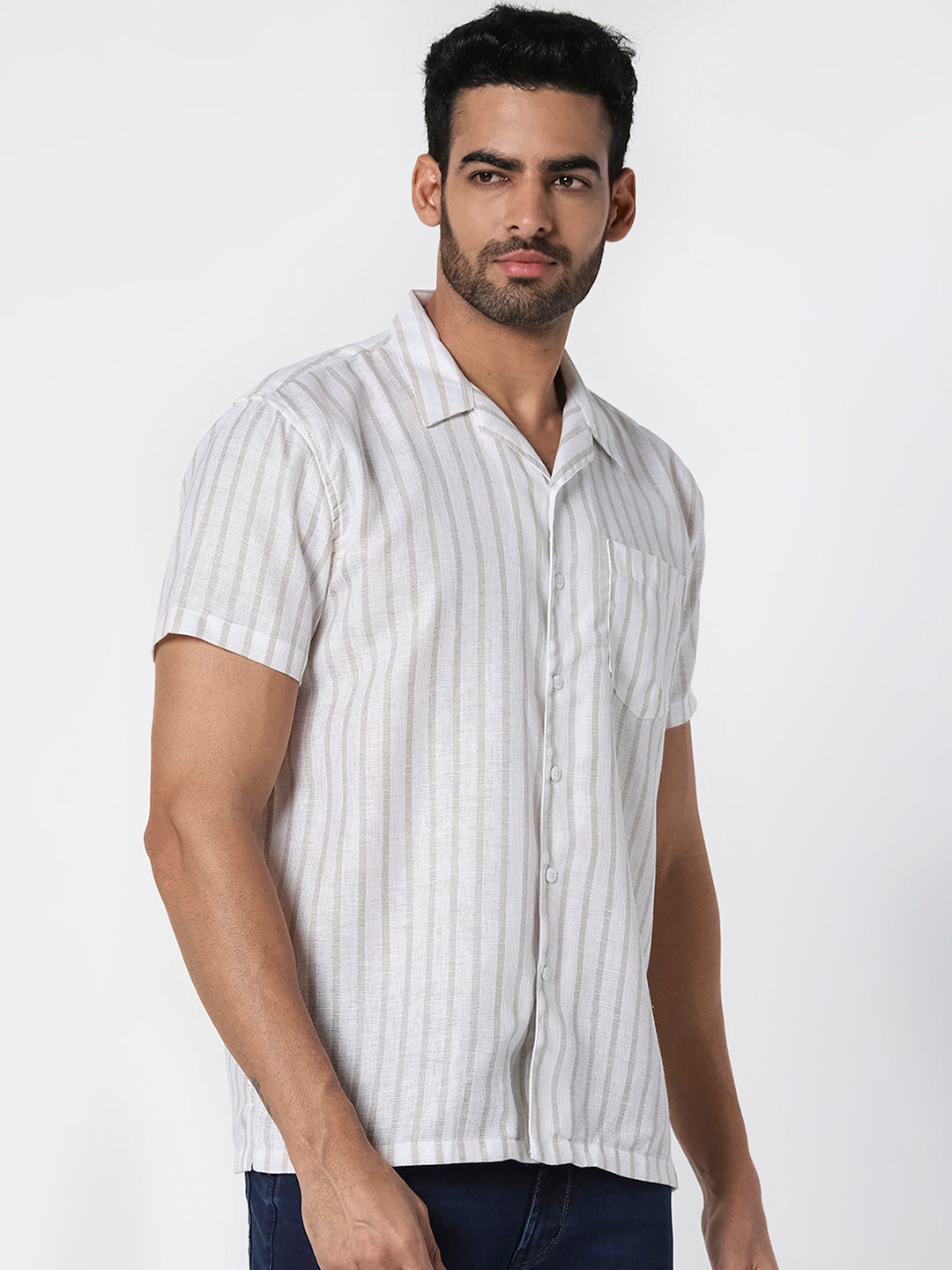 White & Beige Striped Casual Shirt