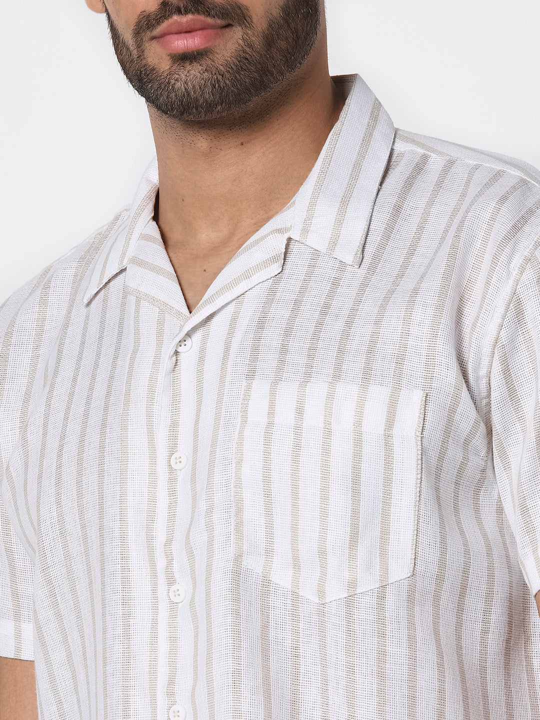 White & Beige Striped Casual Shirt