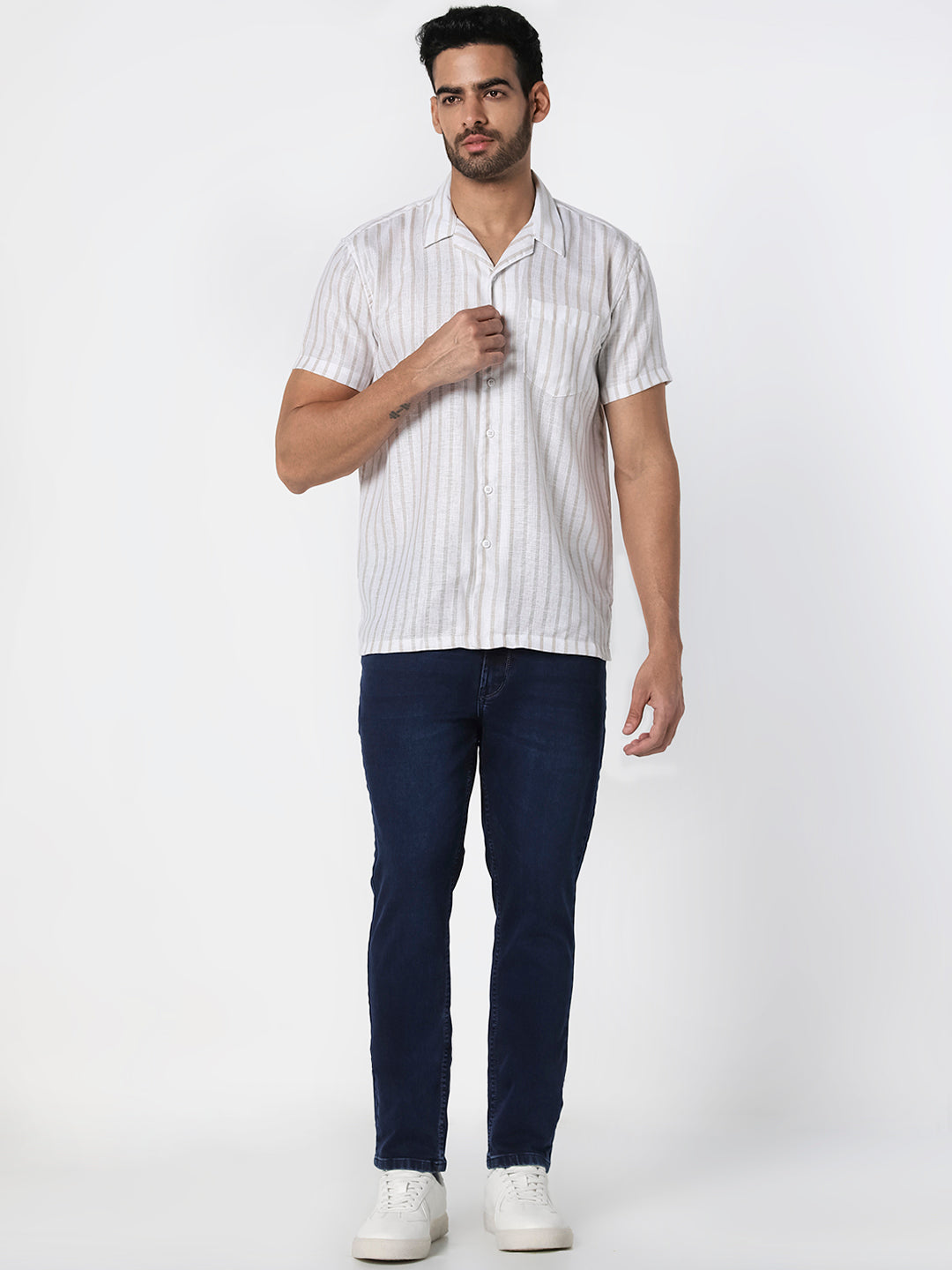 White & Beige Striped Casual Shirt