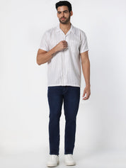White & Beige Striped Casual Shirt