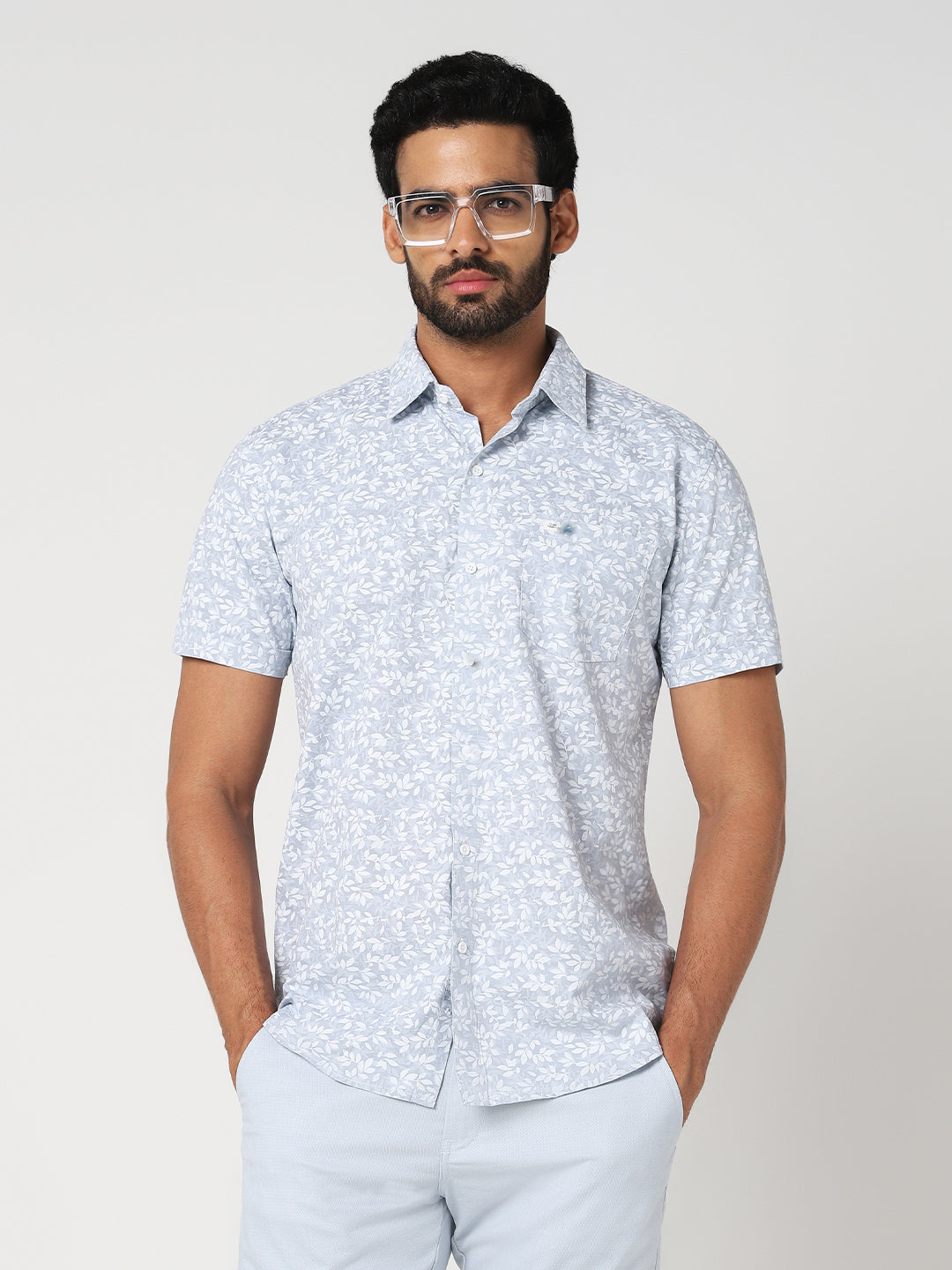 Light Blue Floral Printed Casual Shirt