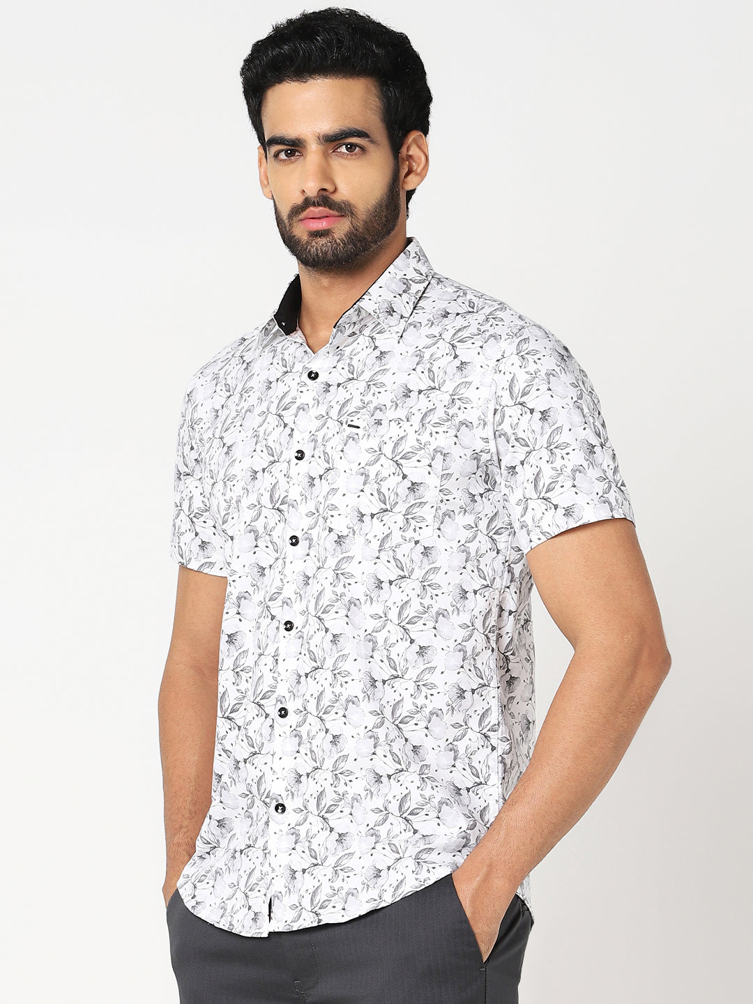 White & Grey Floral Printed Casual Shirt