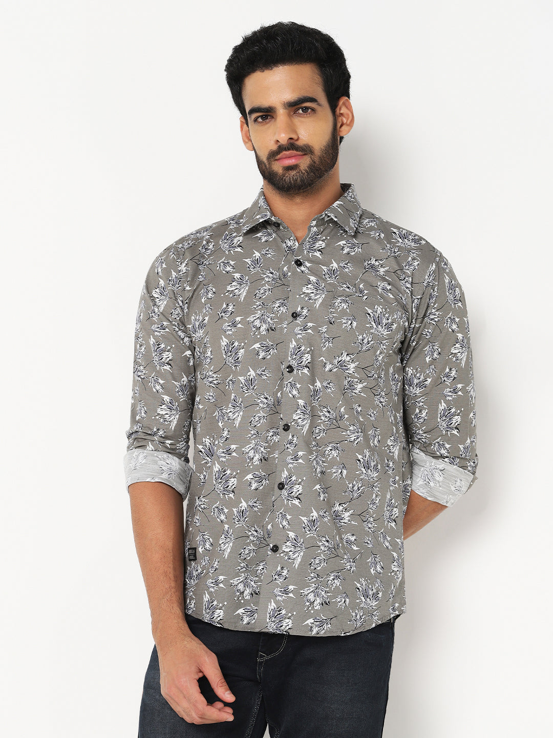 Grey White Floral Printed Casual Shirt