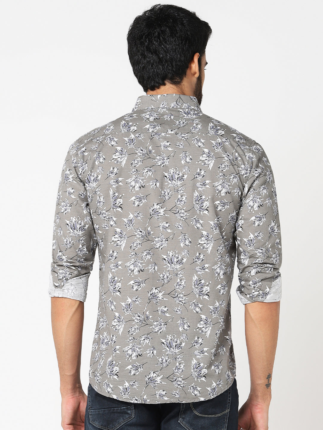 Grey White Floral Printed Casual Shirt