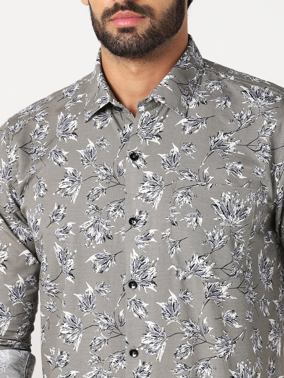Grey White Floral Printed Casual Shirt