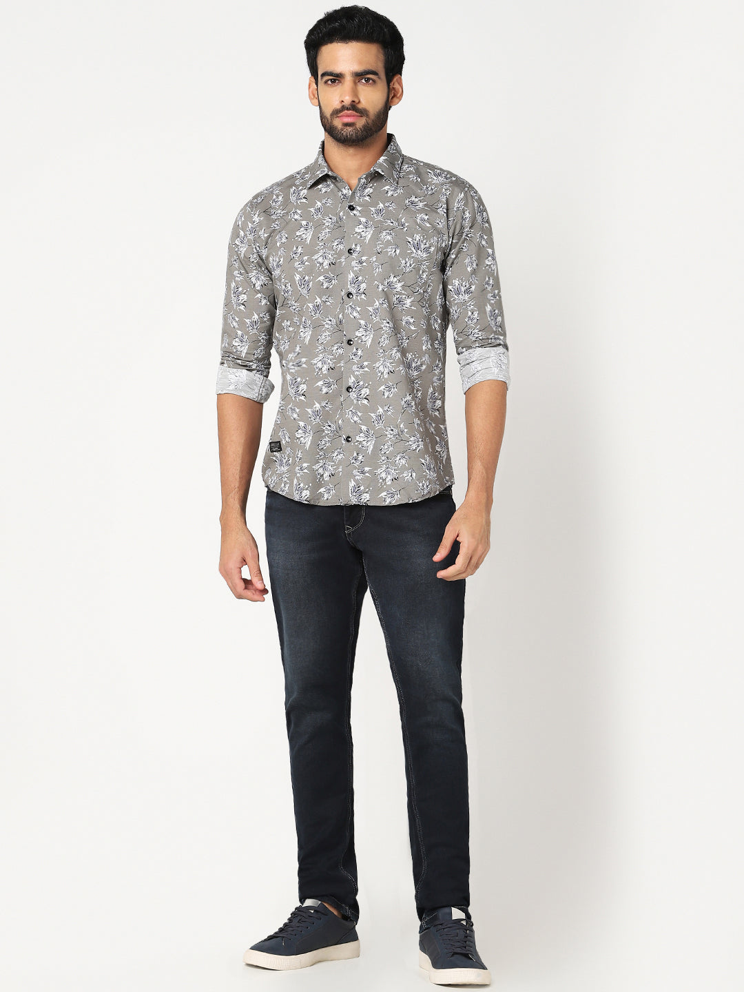 Grey White Floral Printed Casual Shirt