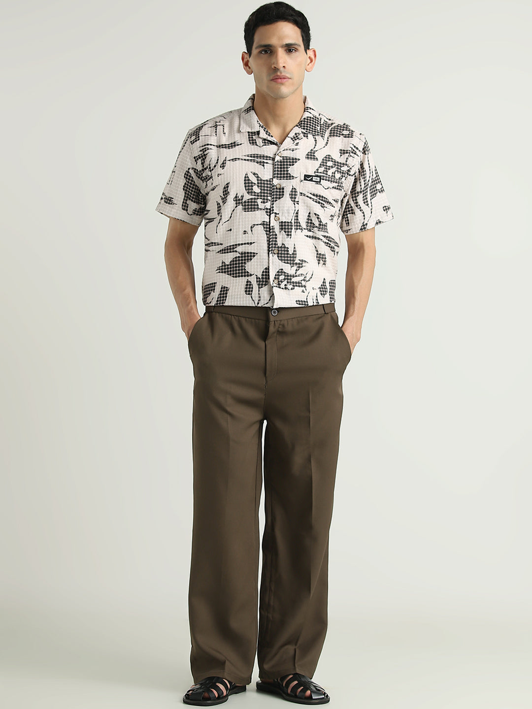 Beige & Black Abstract Printed Casual Shirt