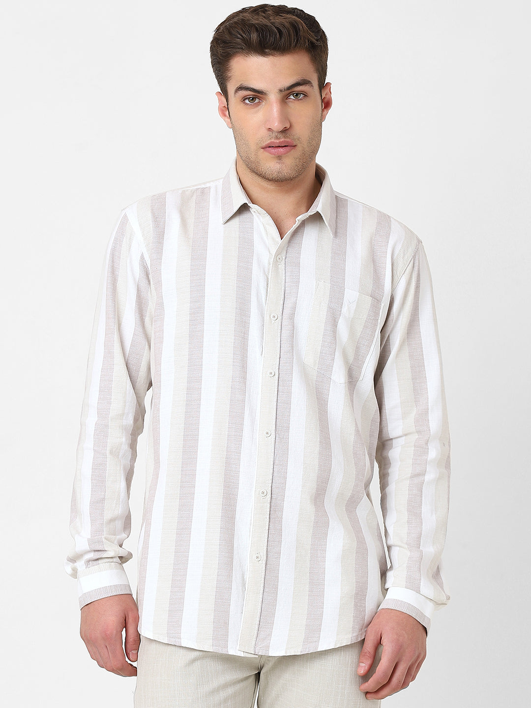 Mens Brown Striped Casual Shirt