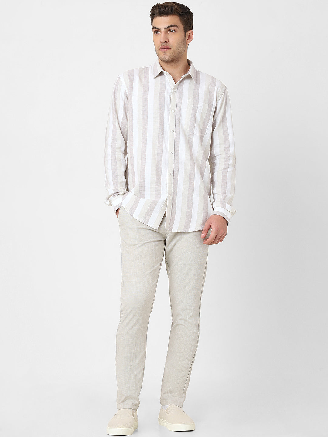 Mens Brown Striped Casual Shirt
