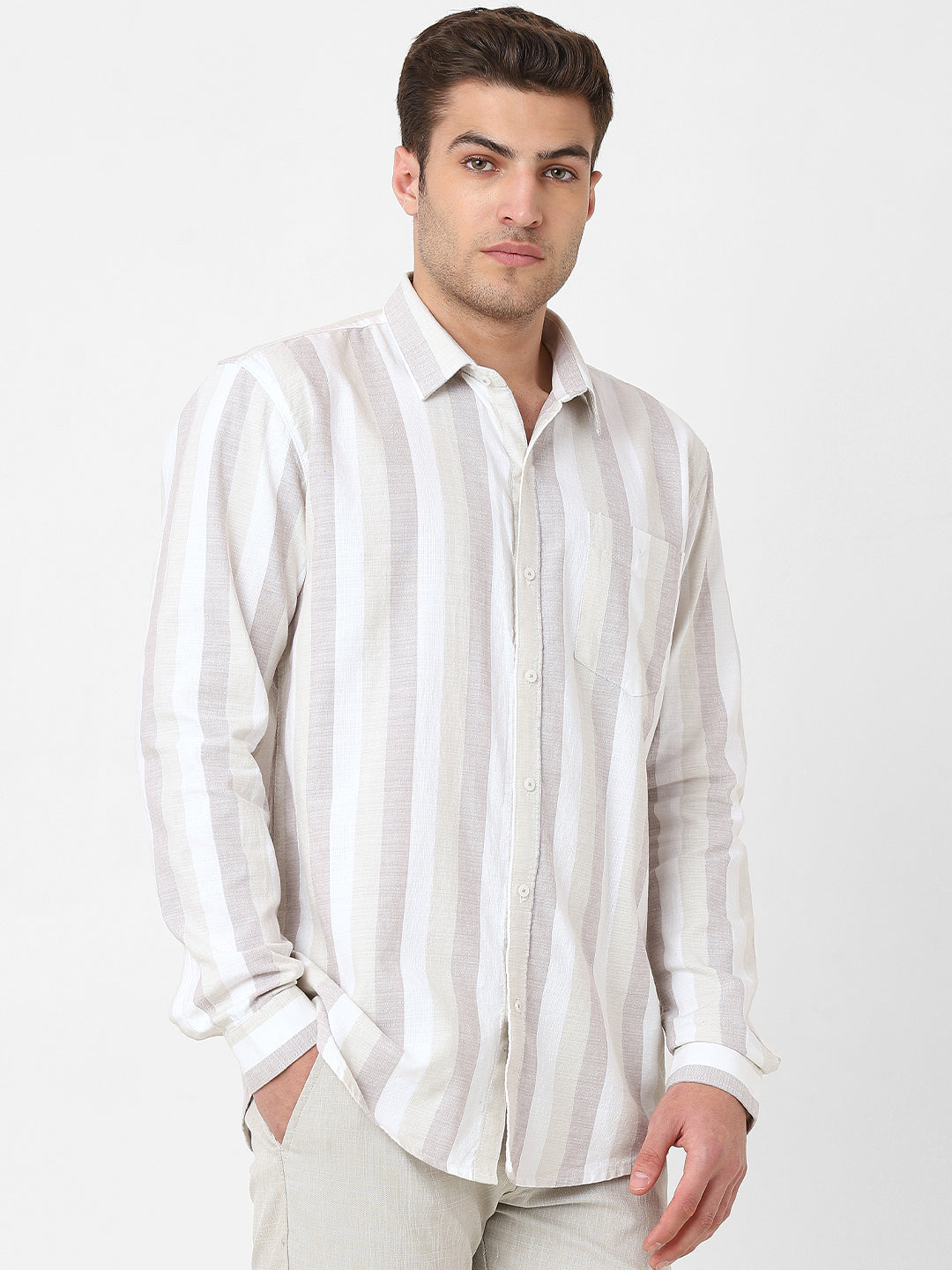 Mens Brown Striped Casual Shirt
