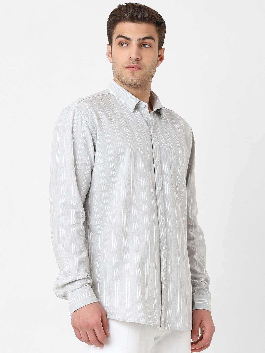 Mens Grey Striped Casual Shirt