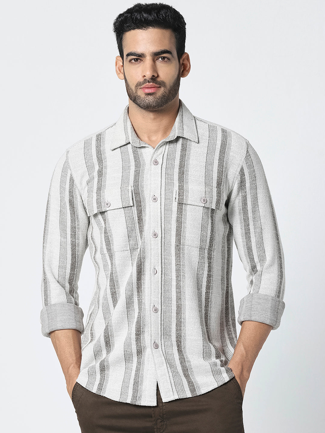 Men Beige Vertical Striped Casual Shirt