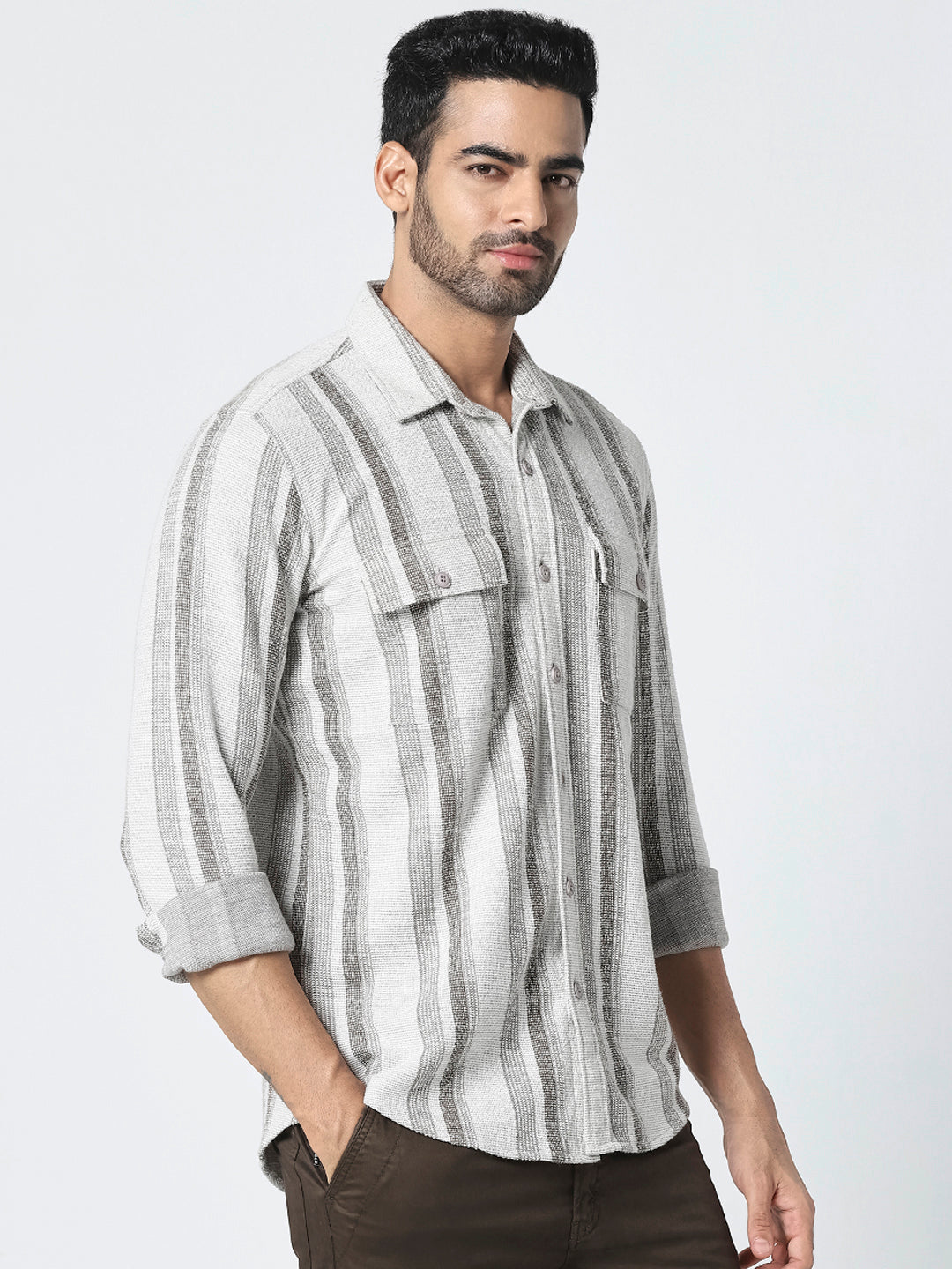 Men Beige Vertical Striped Casual Shirt