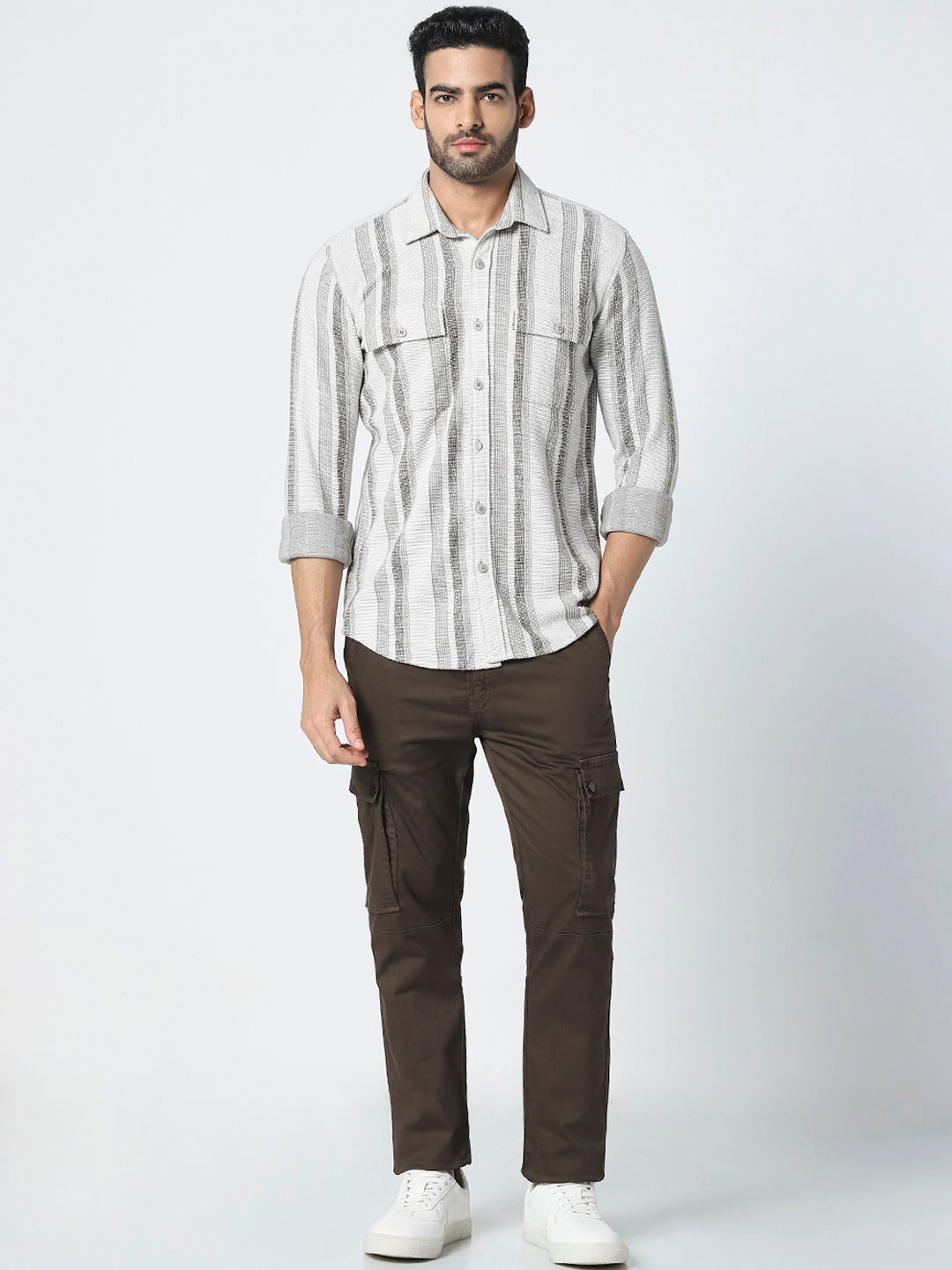 Men Beige Vertical Striped Casual Shirt