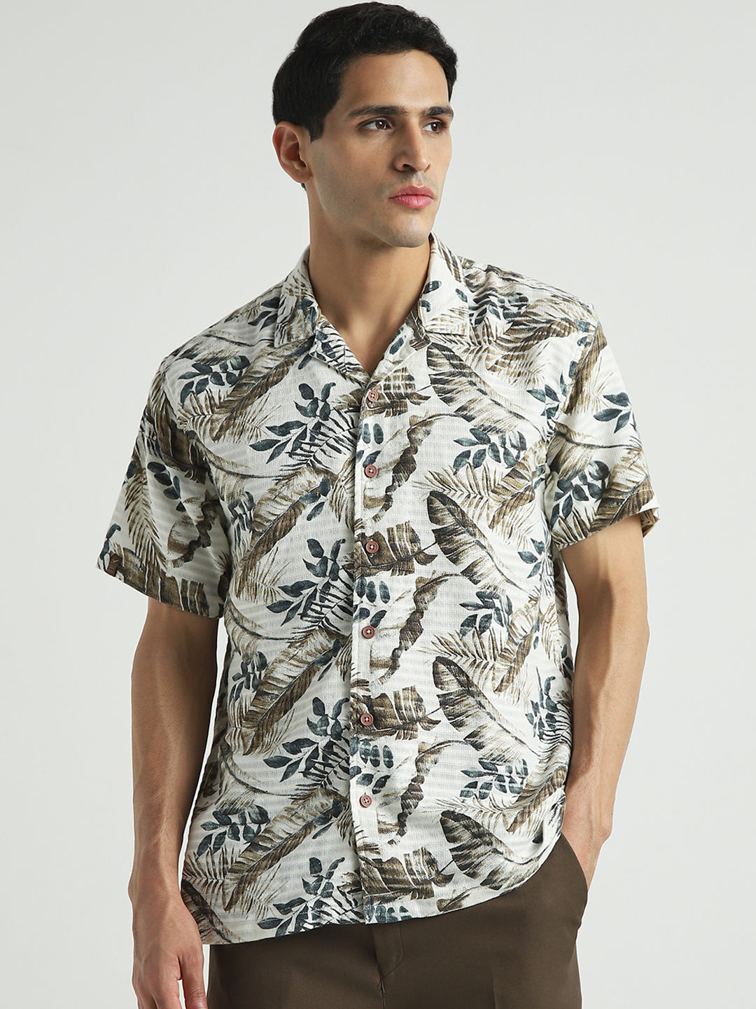 Beige Tropical Print Casual Shirt