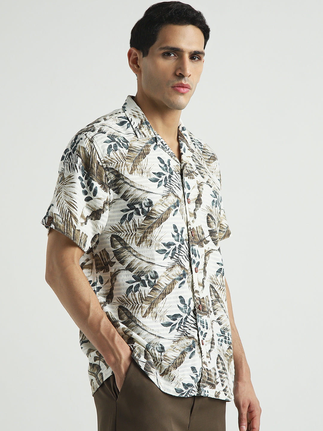 Beige Tropical Print Casual Shirt