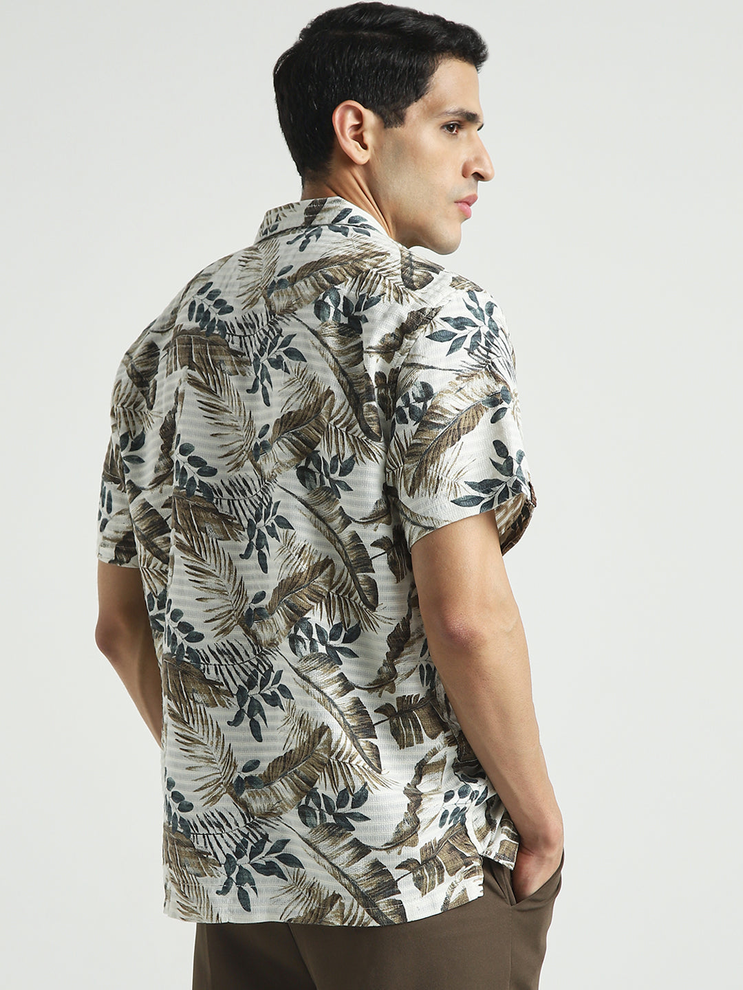 Beige Tropical Print Casual Shirt