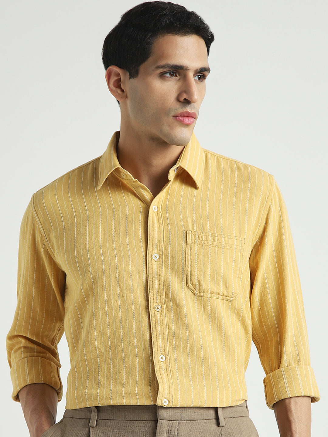 Men Mustard Yellow Striped Shirt