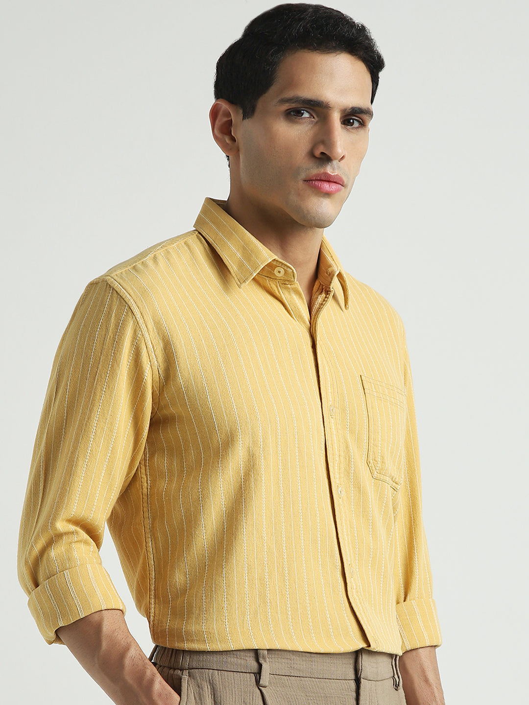 Men Mustard Yellow Striped Shirt