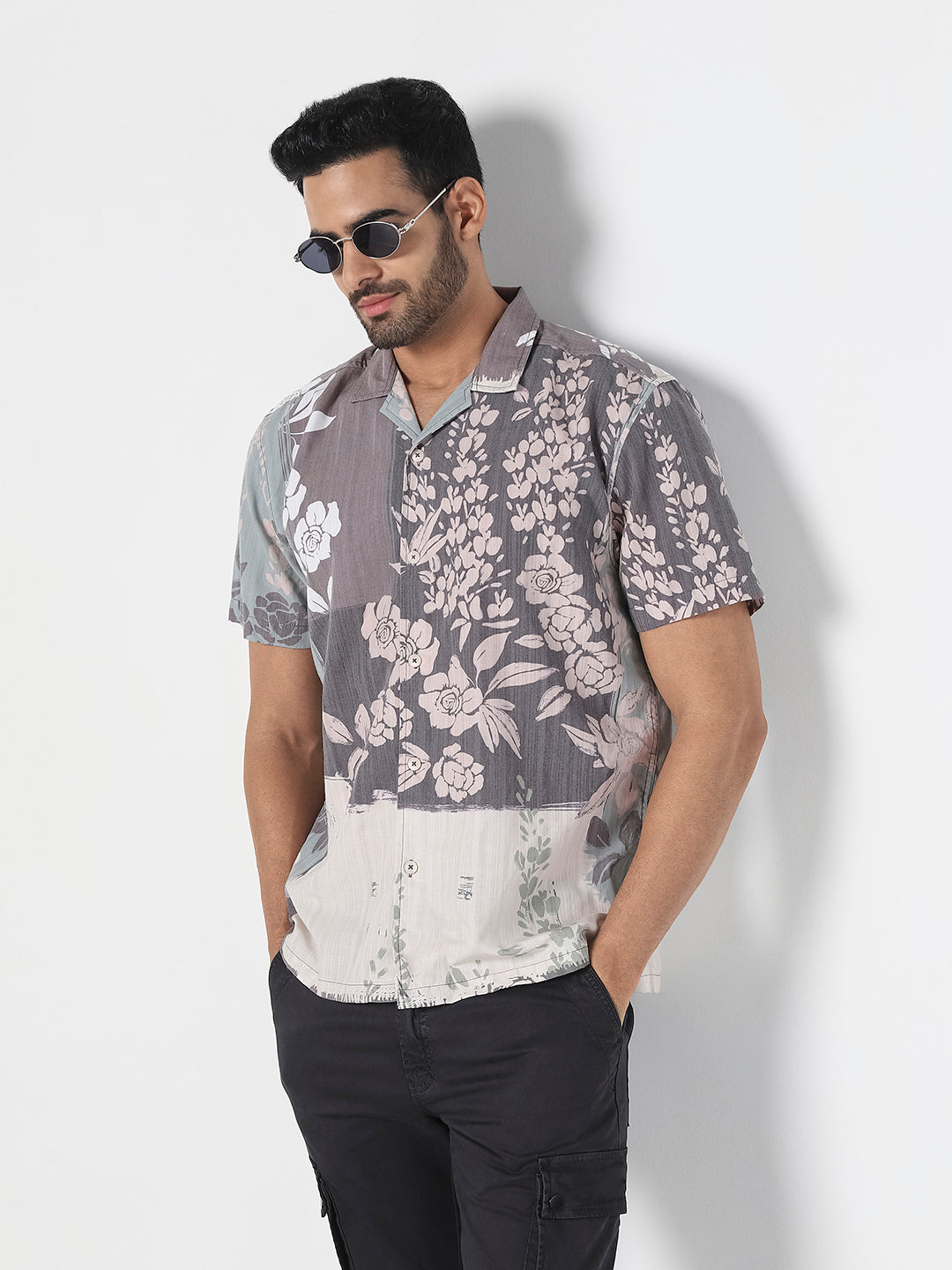 Men Grey Floral Print Resort Shirt