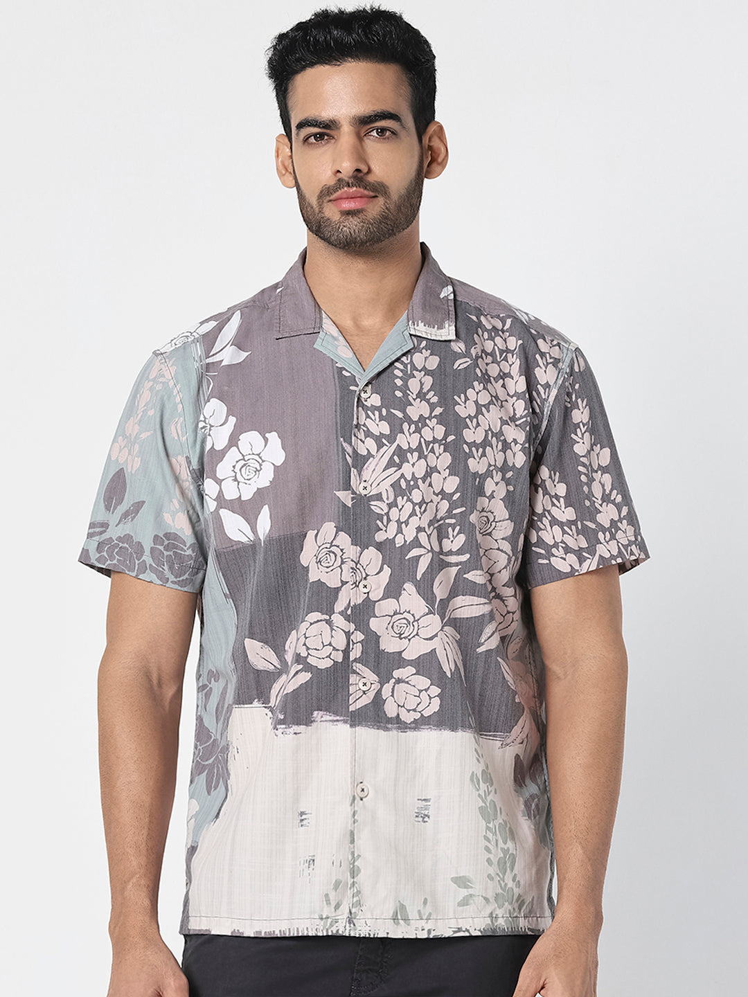Men Grey Floral Print Resort Shirt