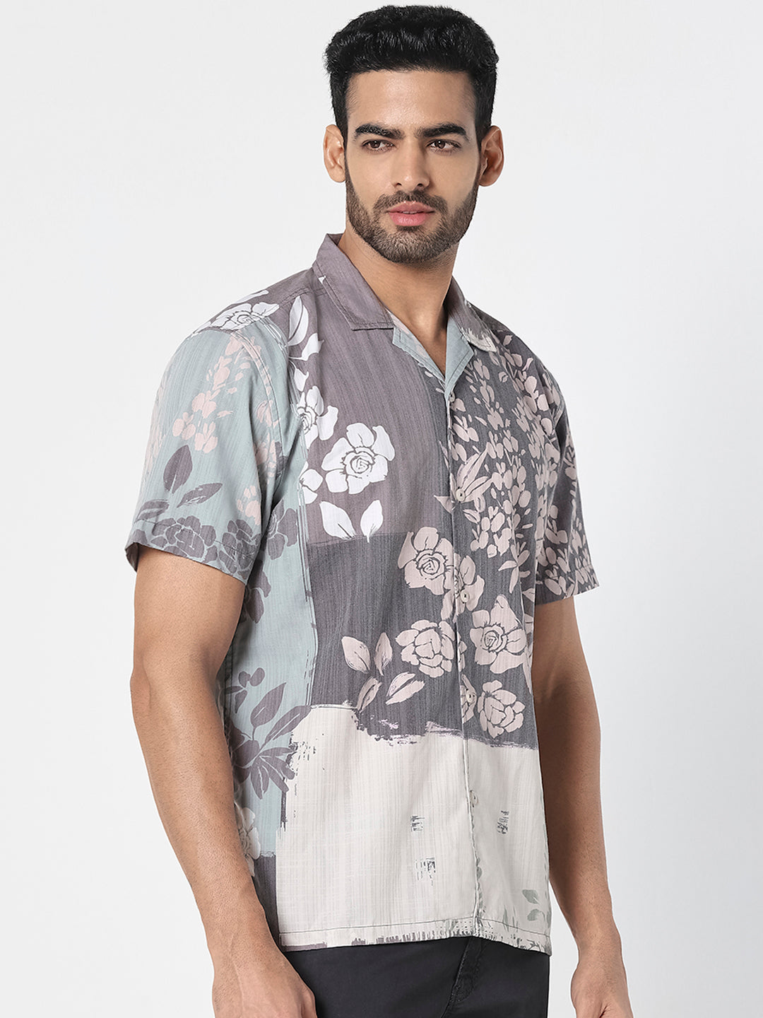 Men Grey Floral Print Resort Shirt