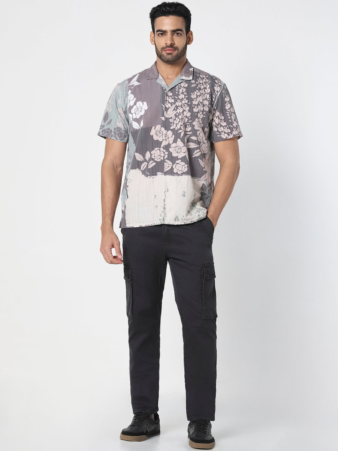 Men Grey Floral Print Resort Shirt