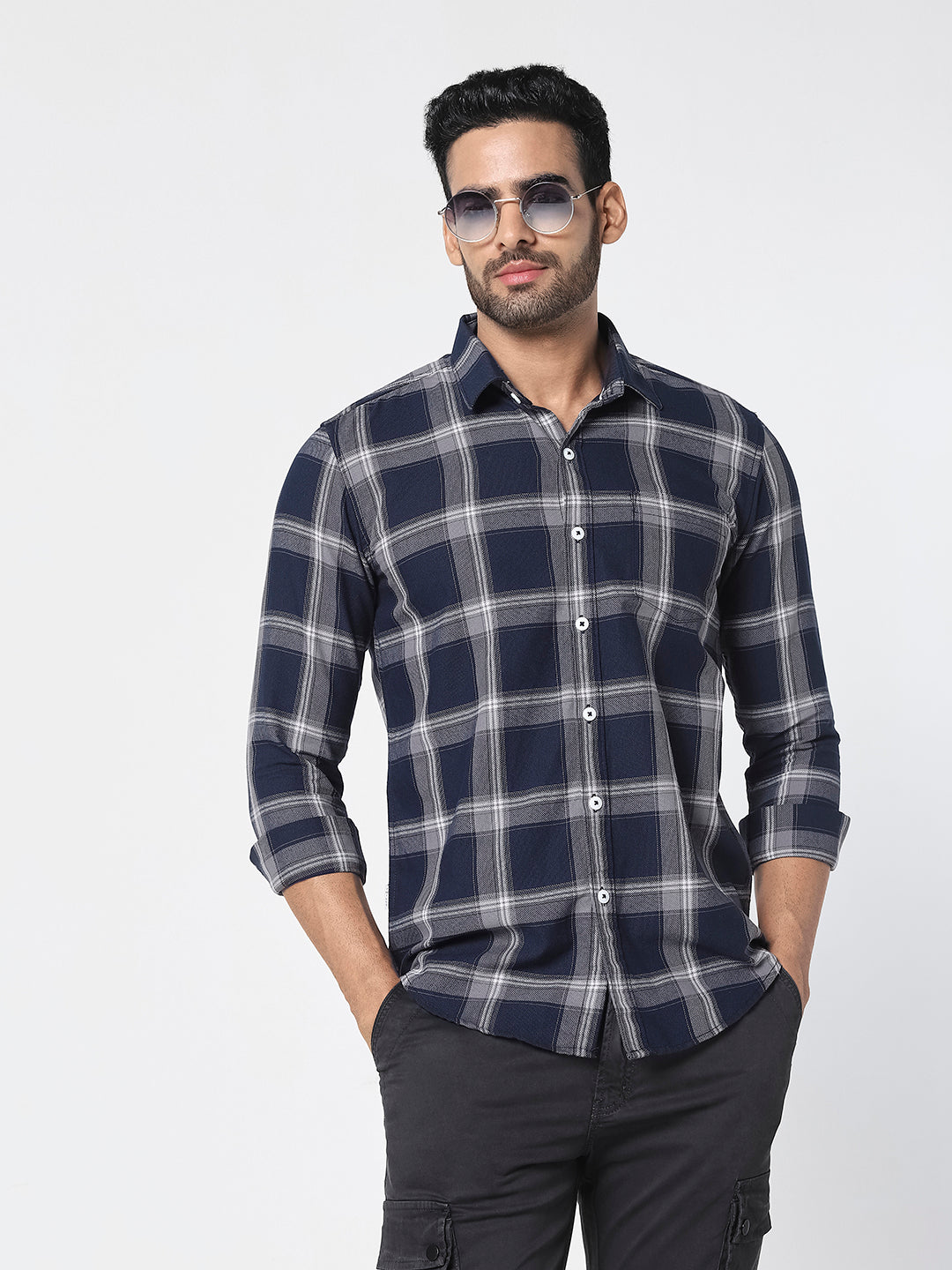 Men Navy Blue Checked Shirt