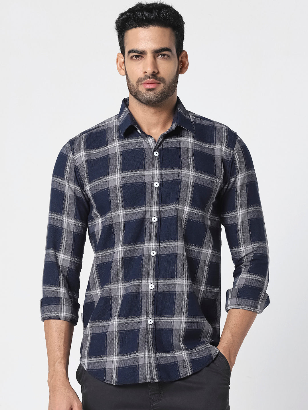 Men Navy Blue Checked Shirt