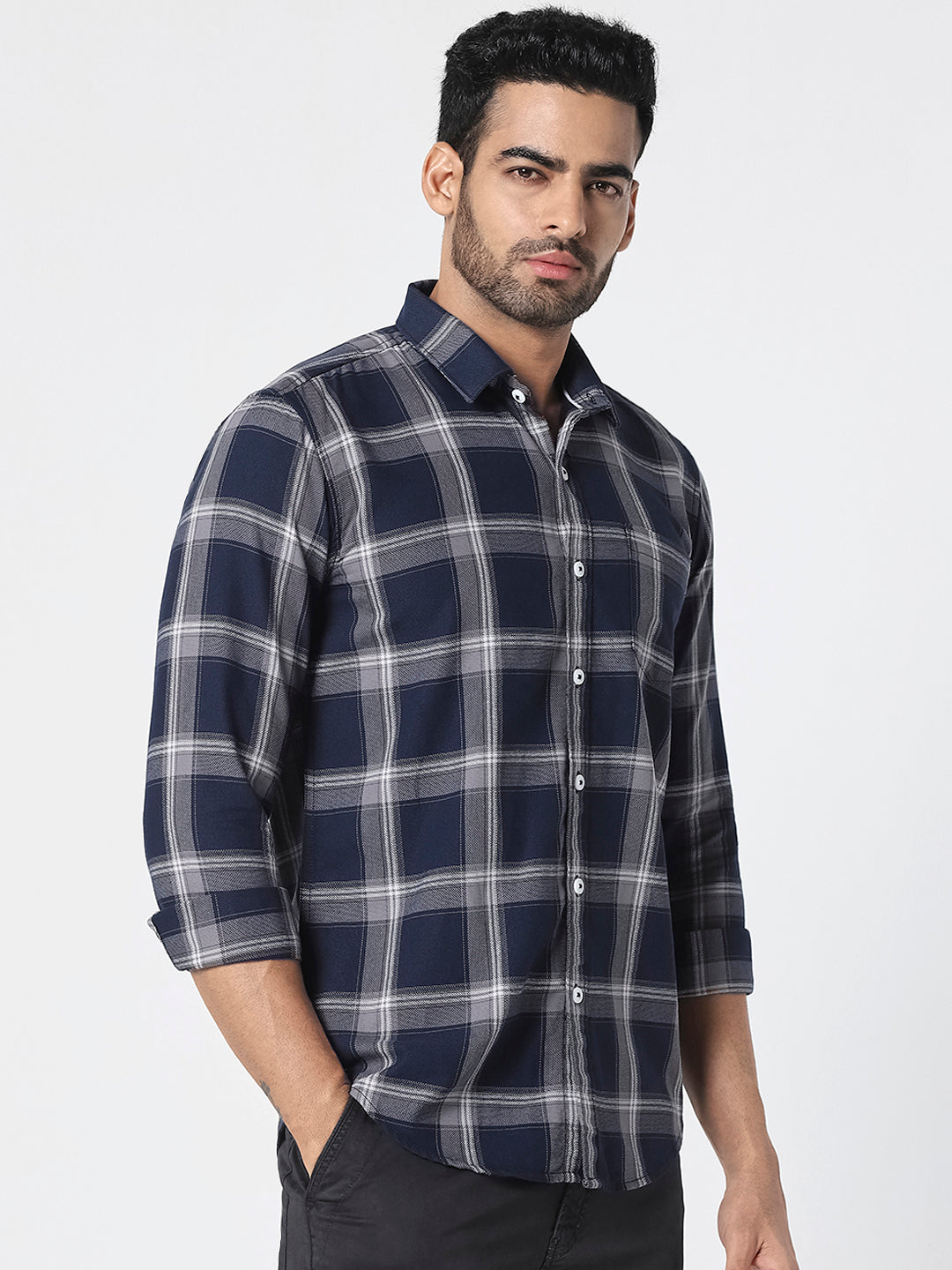 Men Navy Blue Checked Shirt