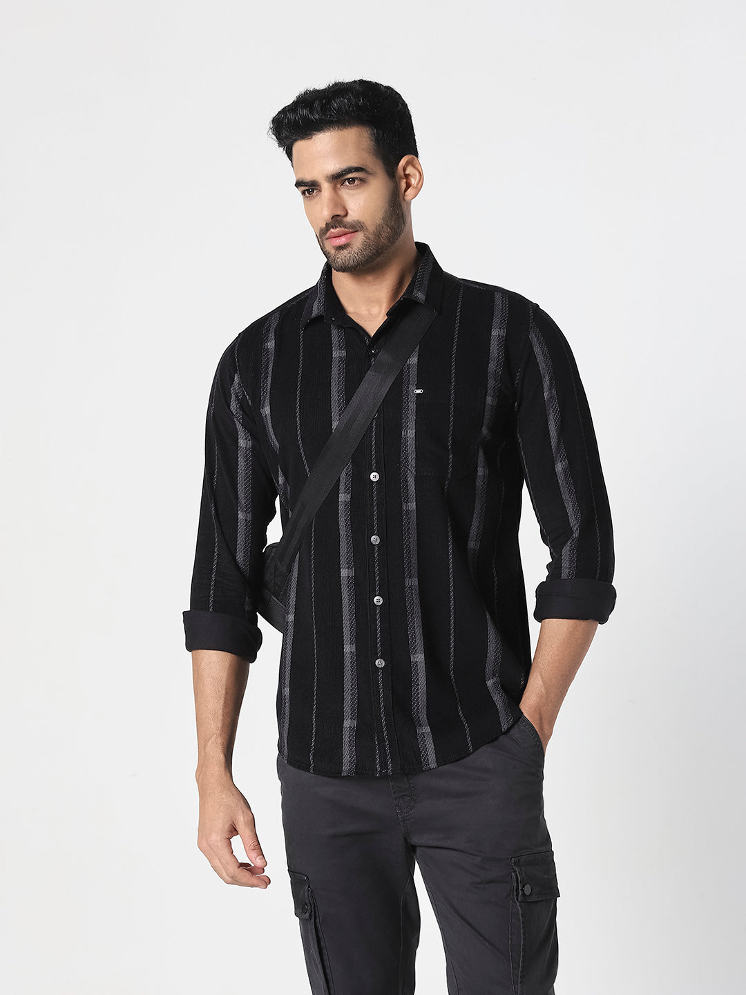 Men Black Vertical Striped Casual Shirt