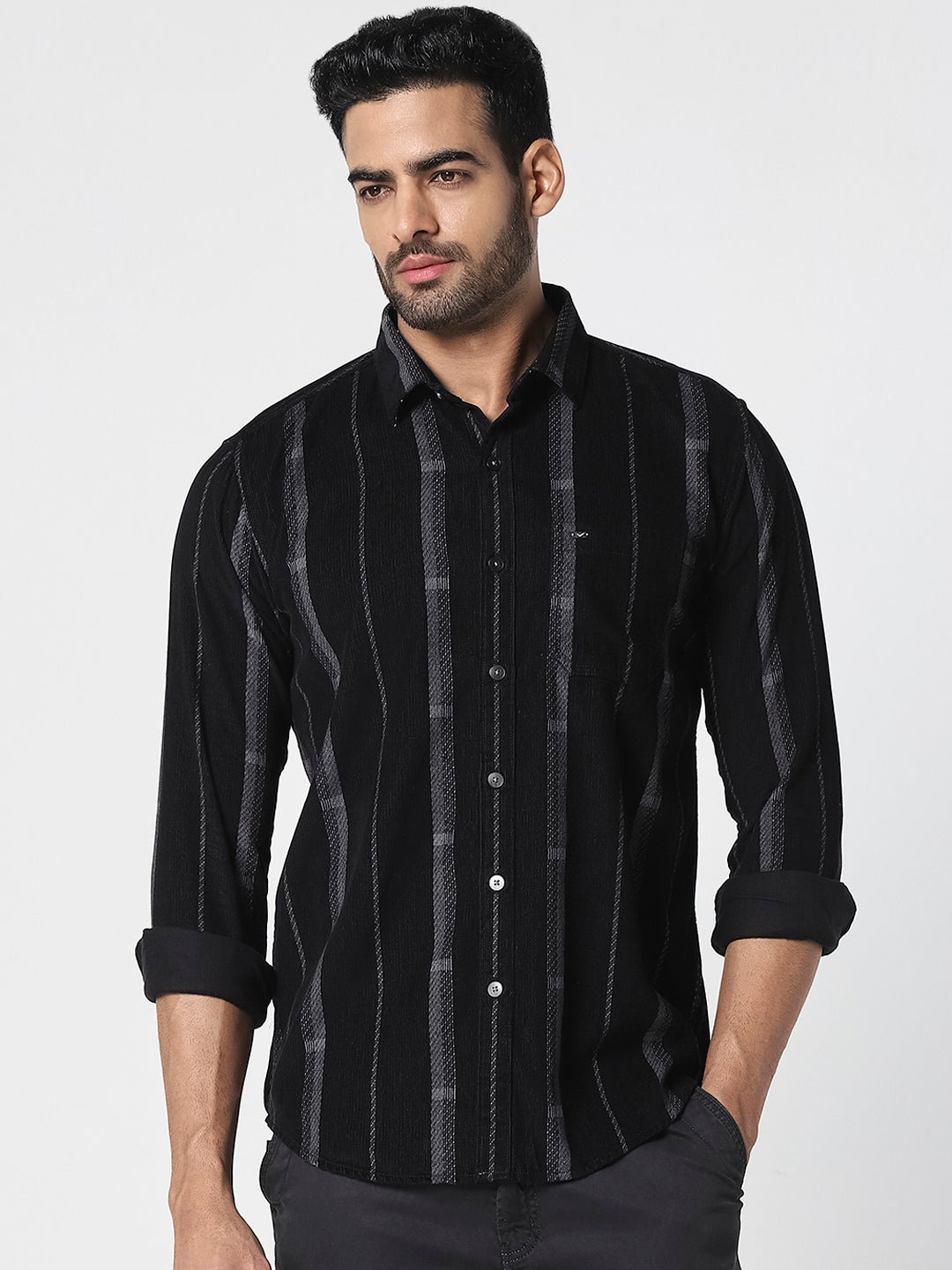 Men Black Vertical Striped Casual Shirt