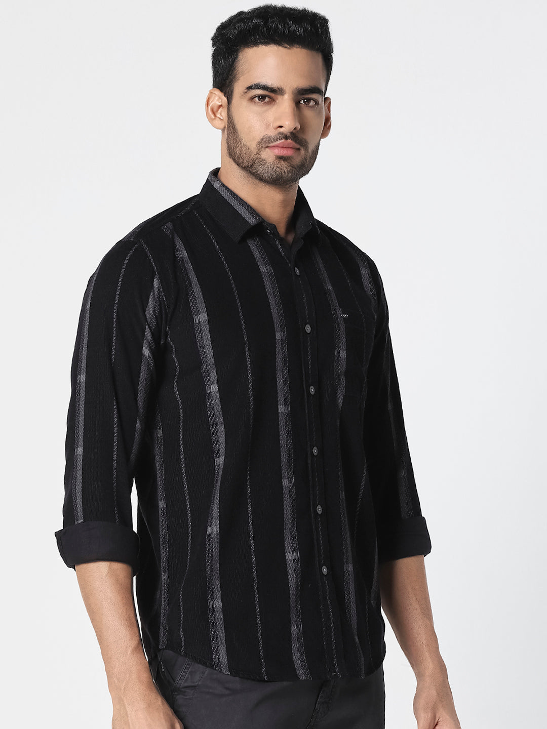 Men Black Vertical Striped Casual Shirt