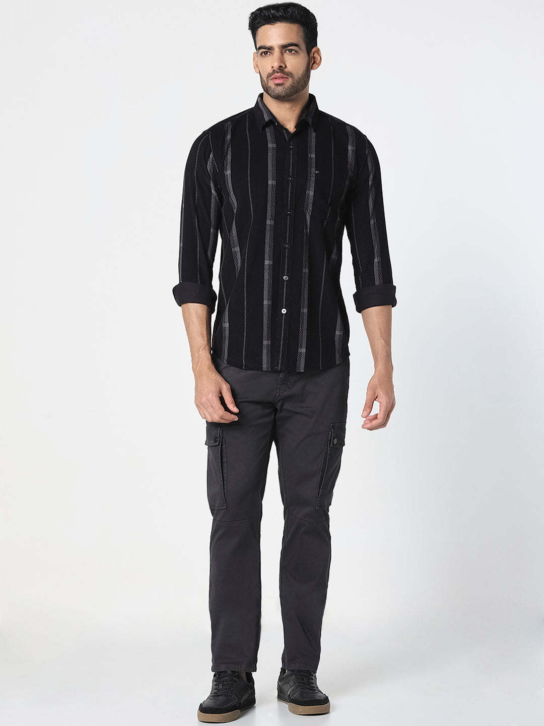 Men Black Vertical Striped Casual Shirt