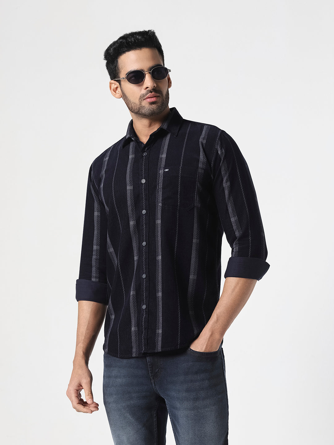 Men Navy Blue Vertical Striped Shirt