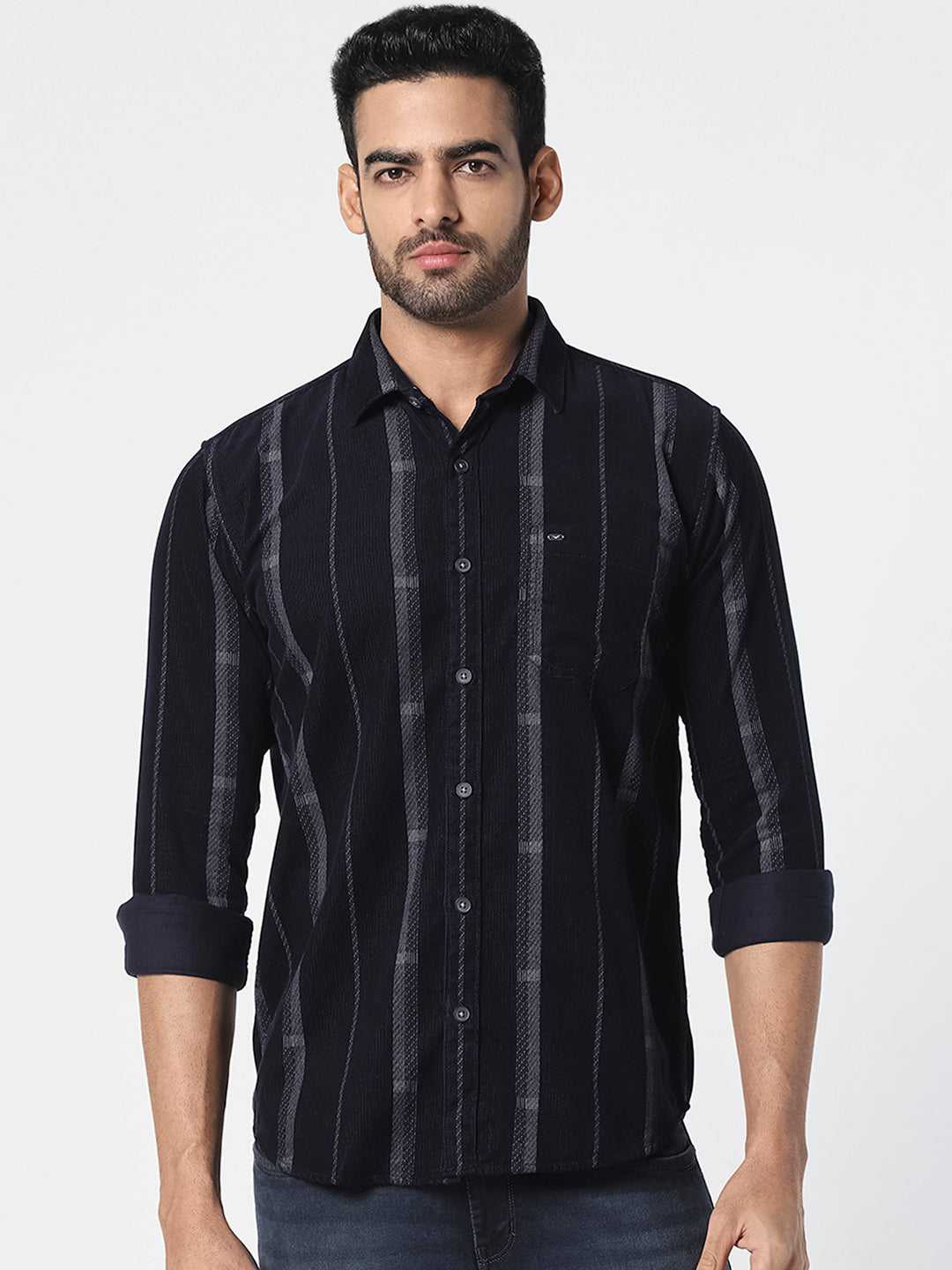 Men Navy Blue Vertical Striped Shirt
