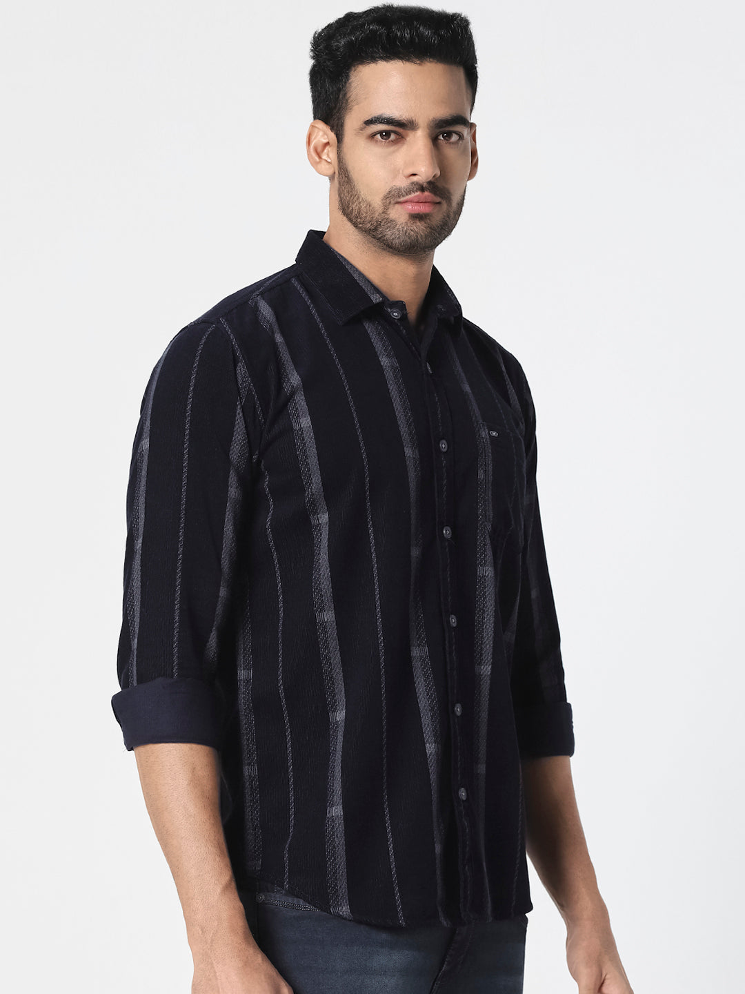 Men Navy Blue Vertical Striped Shirt