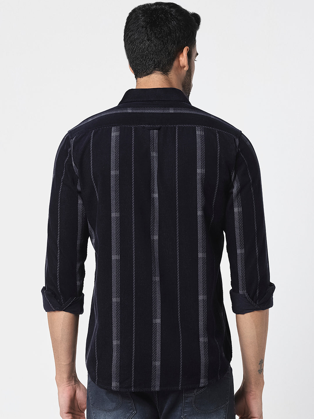 Men Navy Blue Vertical Striped Shirt