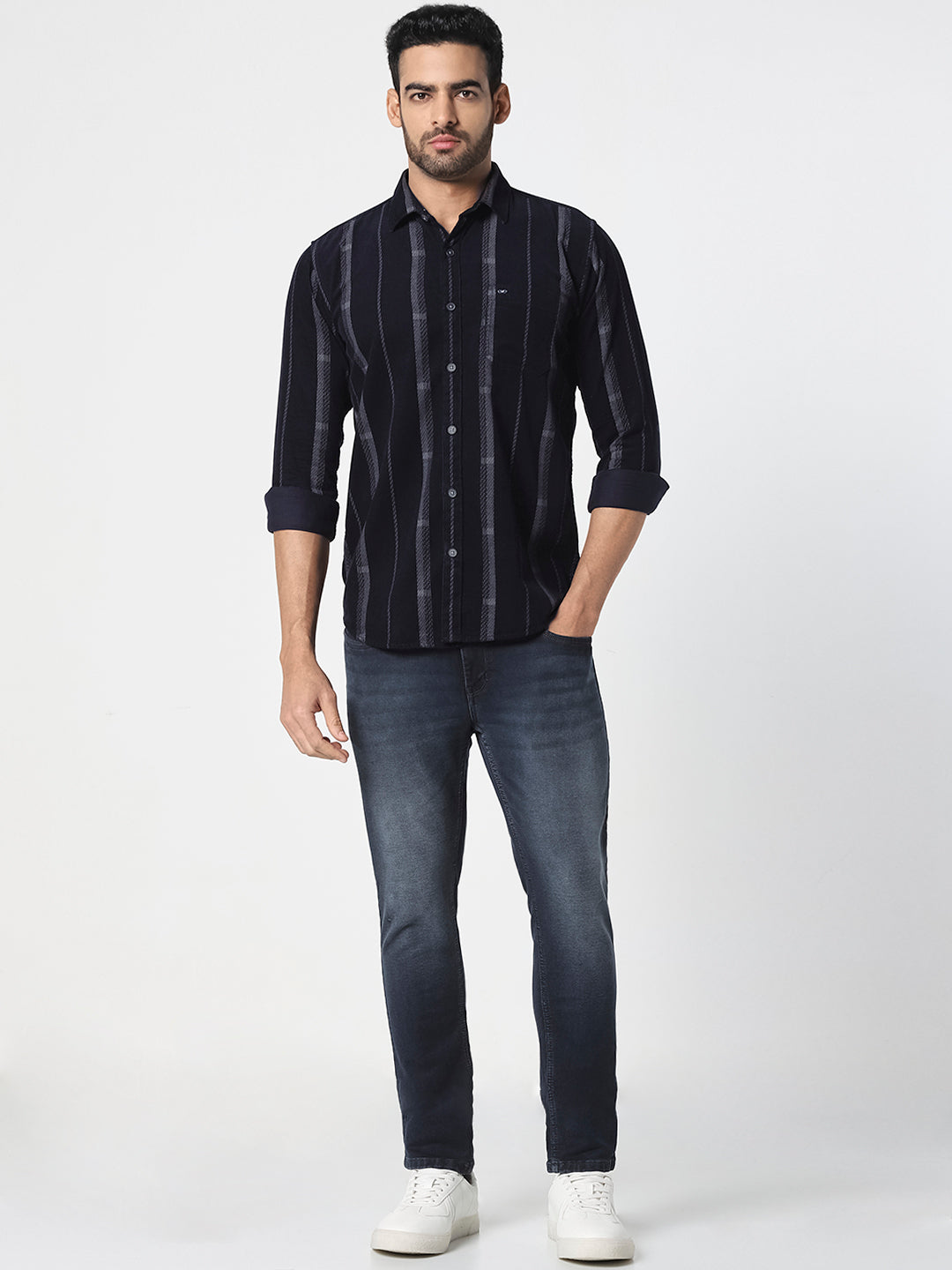 Men Navy Blue Vertical Striped Shirt